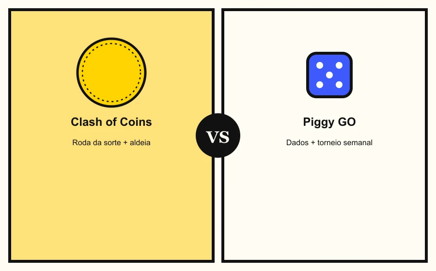 Ilustração dividida ao meio, com uma moeda dourada do lado de Clash of Coins e um dado azul do lado de Piggy GO, separados por um selo VS