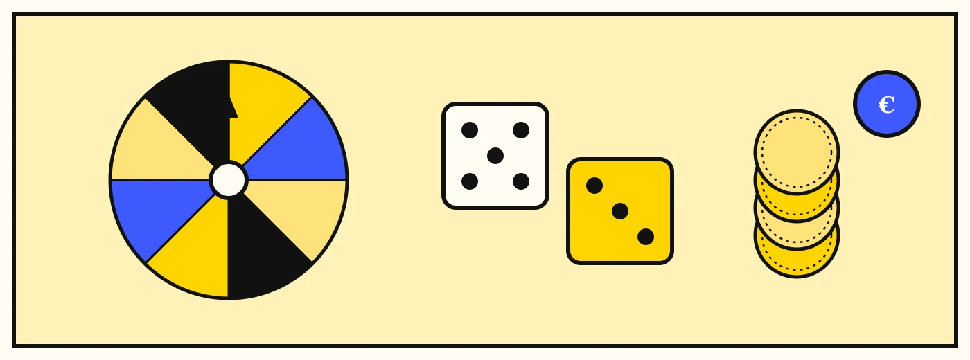 Ilustração de uma roda de fortuna com secções de moedas ao lado de dois dados e uma pilha de moedas douradas