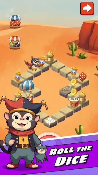 Ecrã de Clash of Coins com o texto "ROLL THE DICE", um tabuleiro com casas numeradas e uma personagem em forma de gato