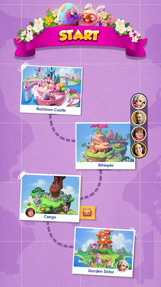 Mapa de viagem por localizações do jogo, incluindo Rainbow Castle, Etiópia, Congo e Garden Sister