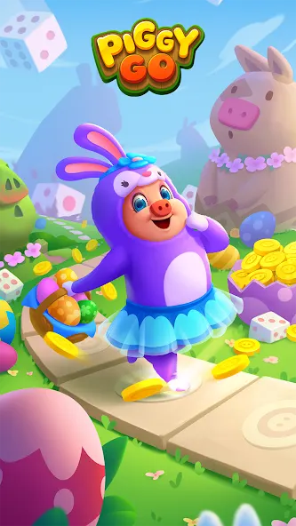 A mascote de Piggy GO, um porco-coelho, a avançar por um caminho rodeado de moedas